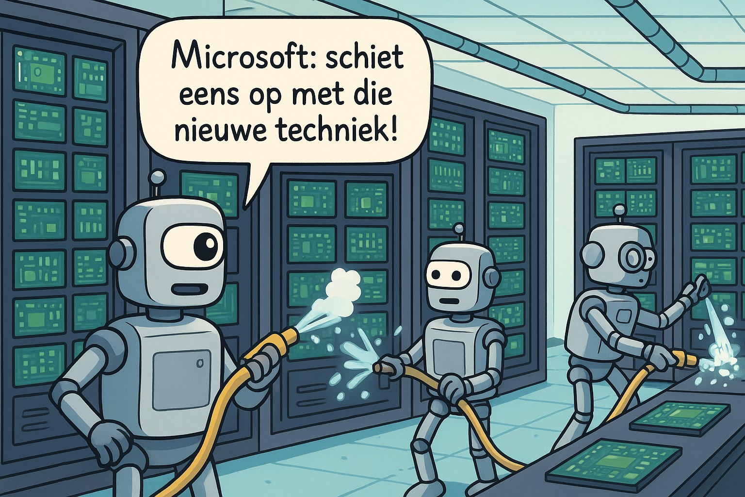 Cartoon waar robots een datacenter koelen met een brandslang