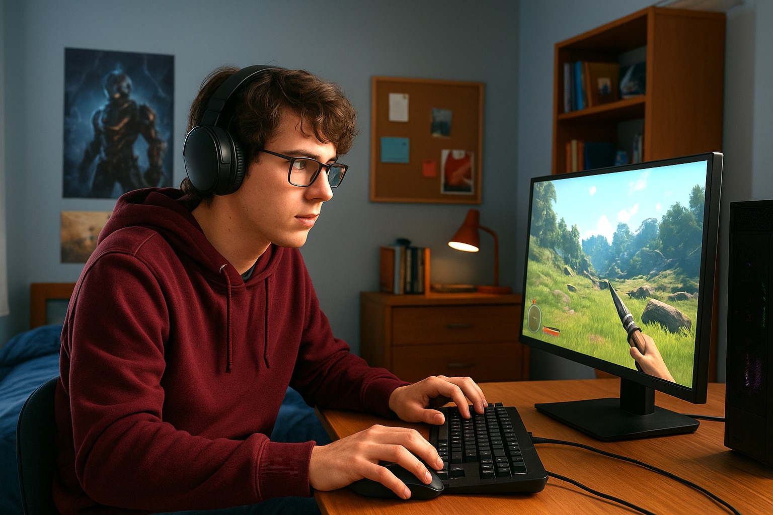 Tiener gamet in zijn slaapkamer