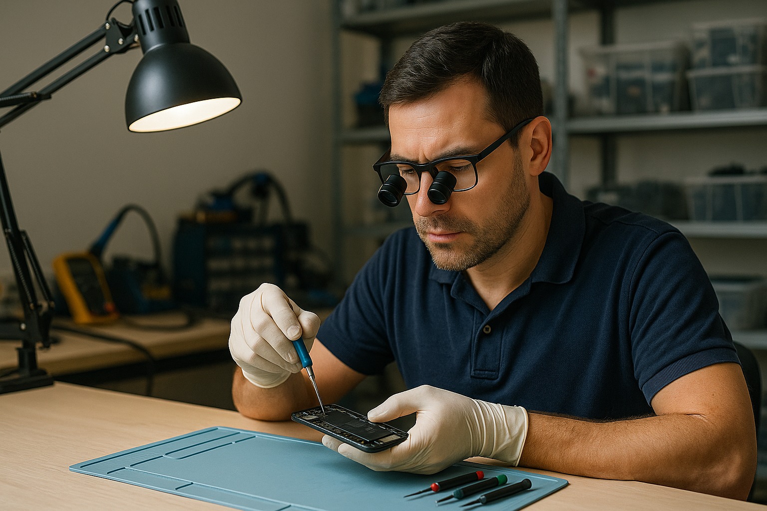 Man repareert een mobiele telefoon