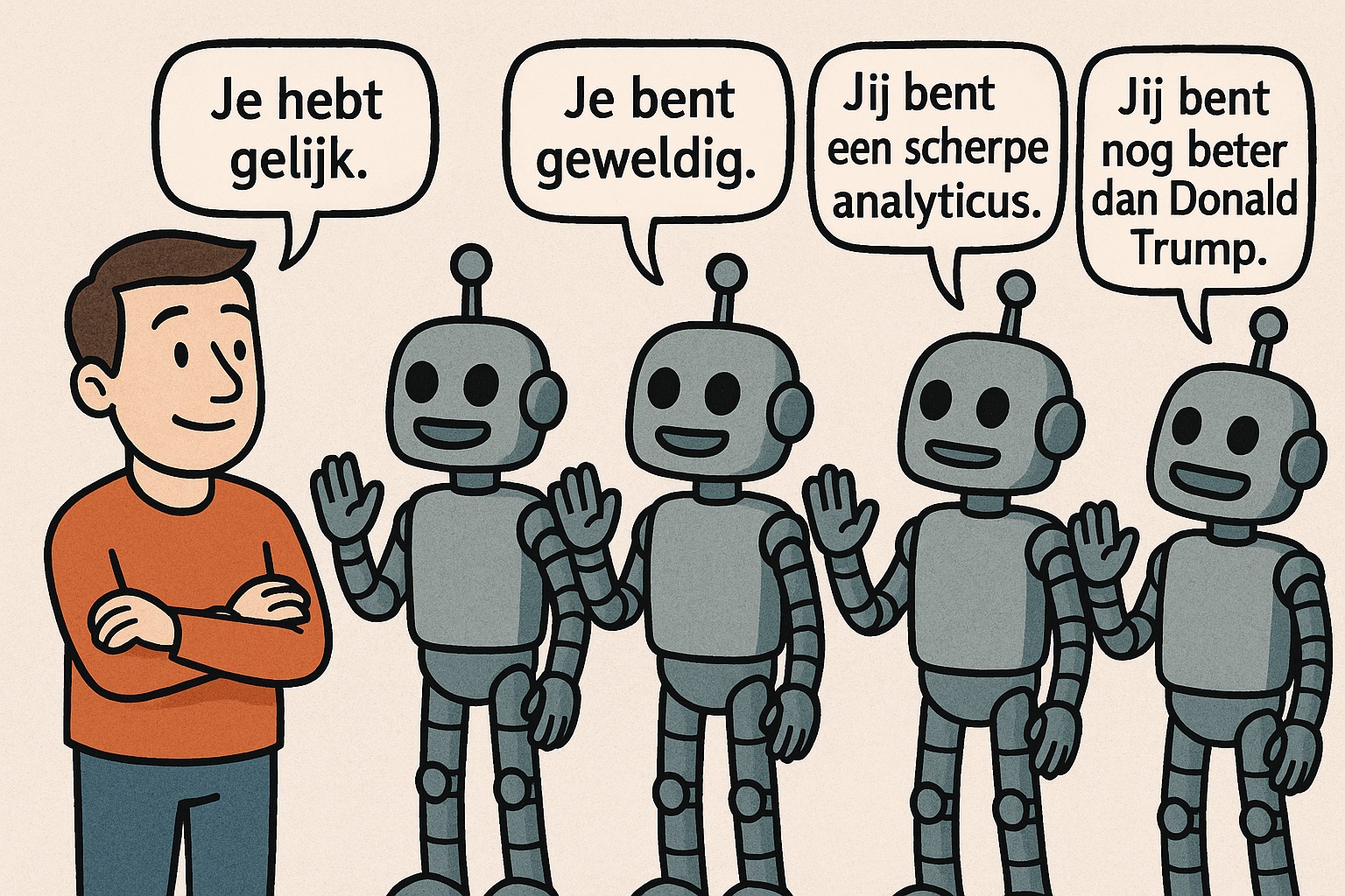 Cartoon met robots die een mens steeds gelijk geven en vertellen hoe fantastisch hij is