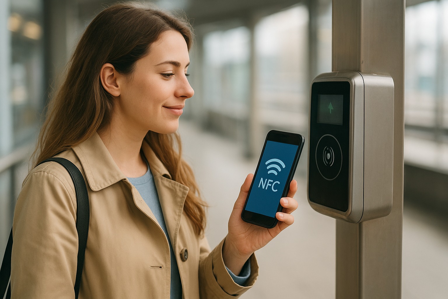 Vrouw bedient martphone met NFC