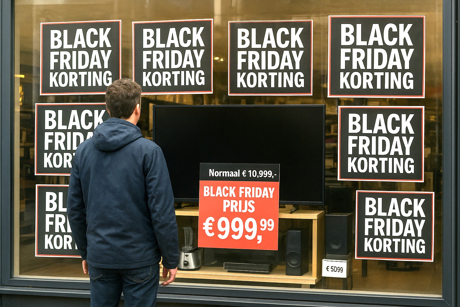 Man voor etalage met onrealistische Black Friday korting