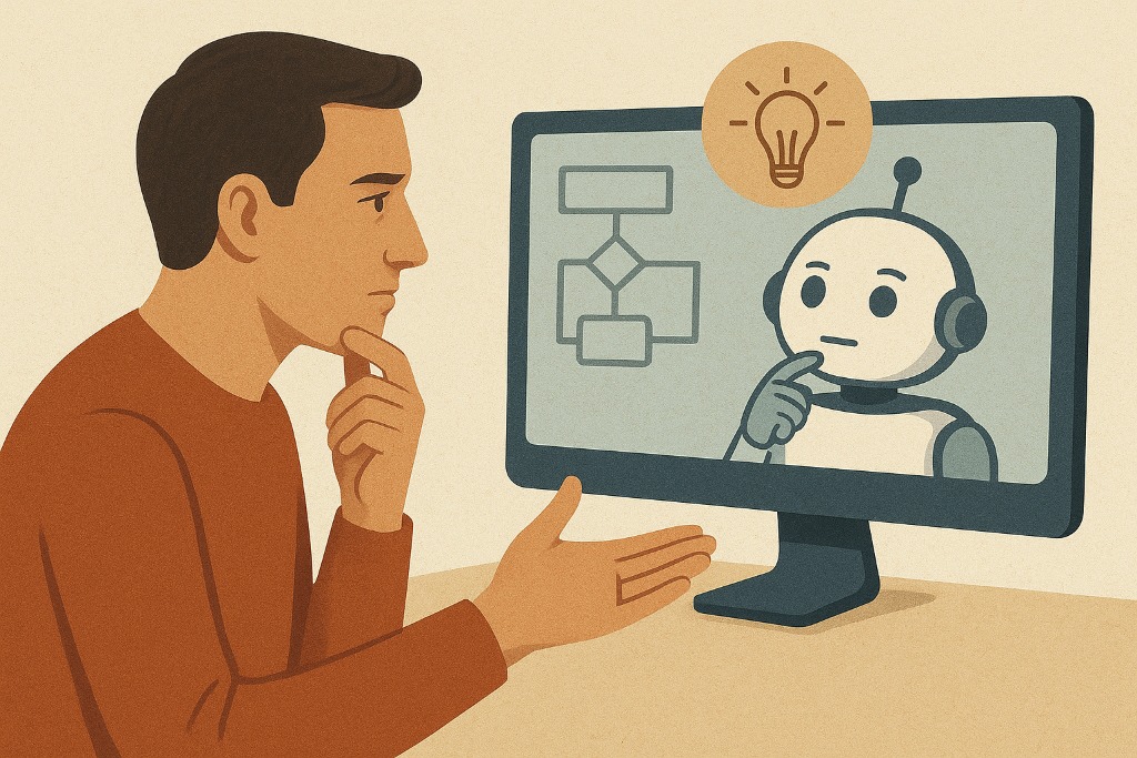 Tekening van man voor computer met roboto op scherm