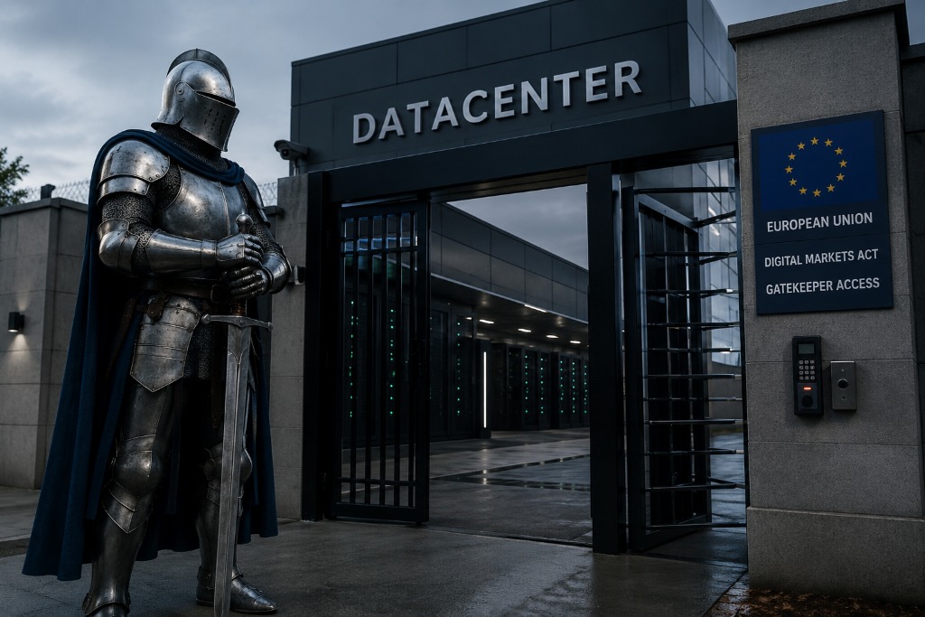 Ouderwetse ridder houdt de wacht bij een datacenter (afbeelding gemaakt met AI)