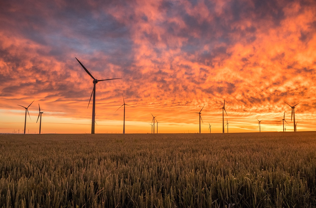 Windmolens in een landschap met ondergaande zon