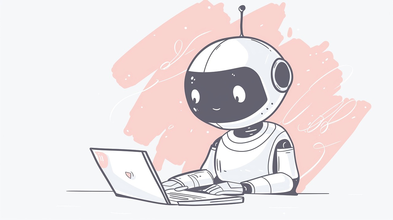 Tekening van robot achter een laptop (foto Pixabay)