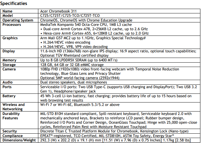 Acer Chromebook 311 spec pcactive.nl 1