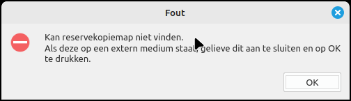 . This can be present internally on a disk or partition, but also on an external medium. An error message will appear if this folder is not present immediately when starting Back in Time.