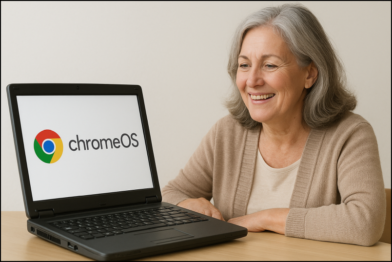 Dame kijkt naar scherm met CromeOS