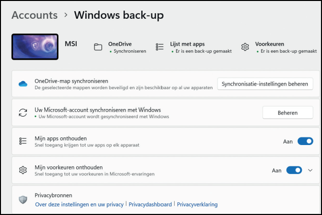 Schermafbeelding Windows back-up