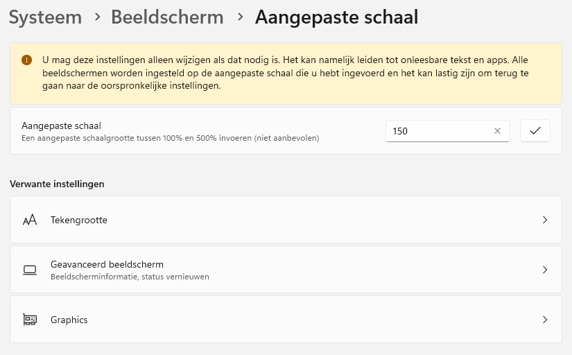 Windows kiest normaliter zelf een optimale schaalfactor