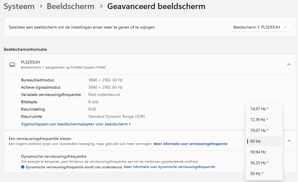 Onze grafische adapter kan ook wel hogere frequenties uitsturen maar de monitor lust deze niet