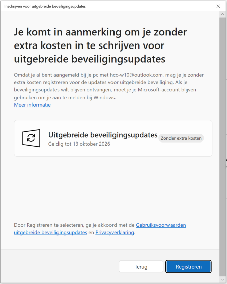 Scherm knop registreren Windows 10 beveiligingsupdates